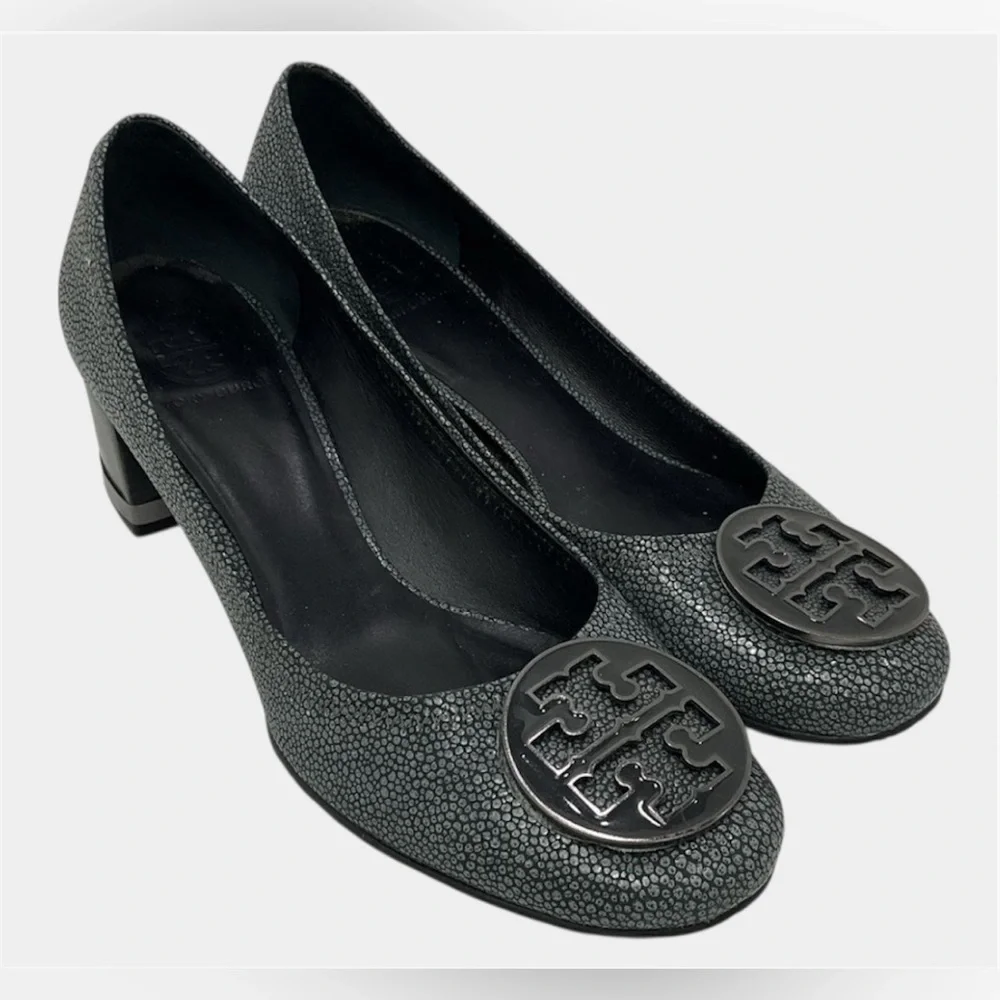 Tory Burch Reva Block Heel Pumps Gray Stingray Print Leather Women’s Size 9